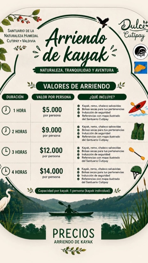 Afiche de arriendo individual de kayak en el Humedal de Cutipay